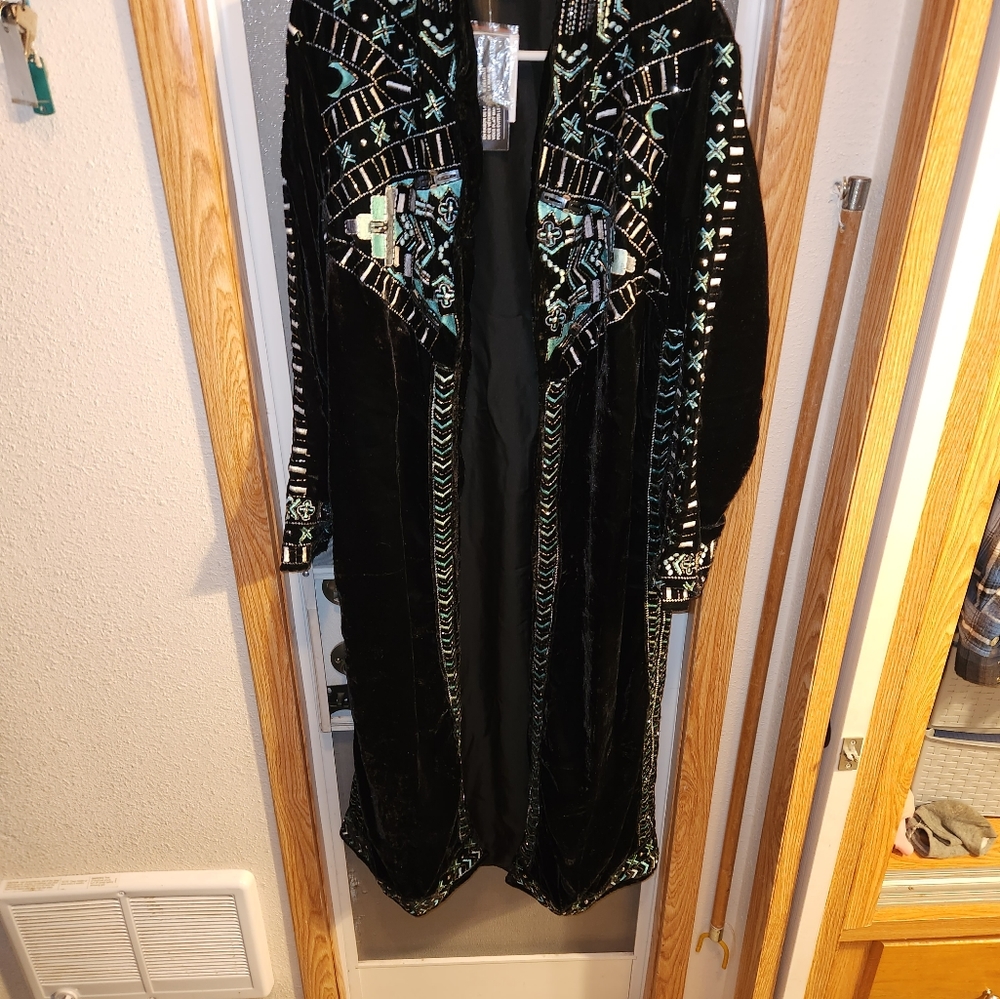 New, Crazy Train Bling, beaded, velore, velvet, Duster size Xlg,Black/ Turquoise